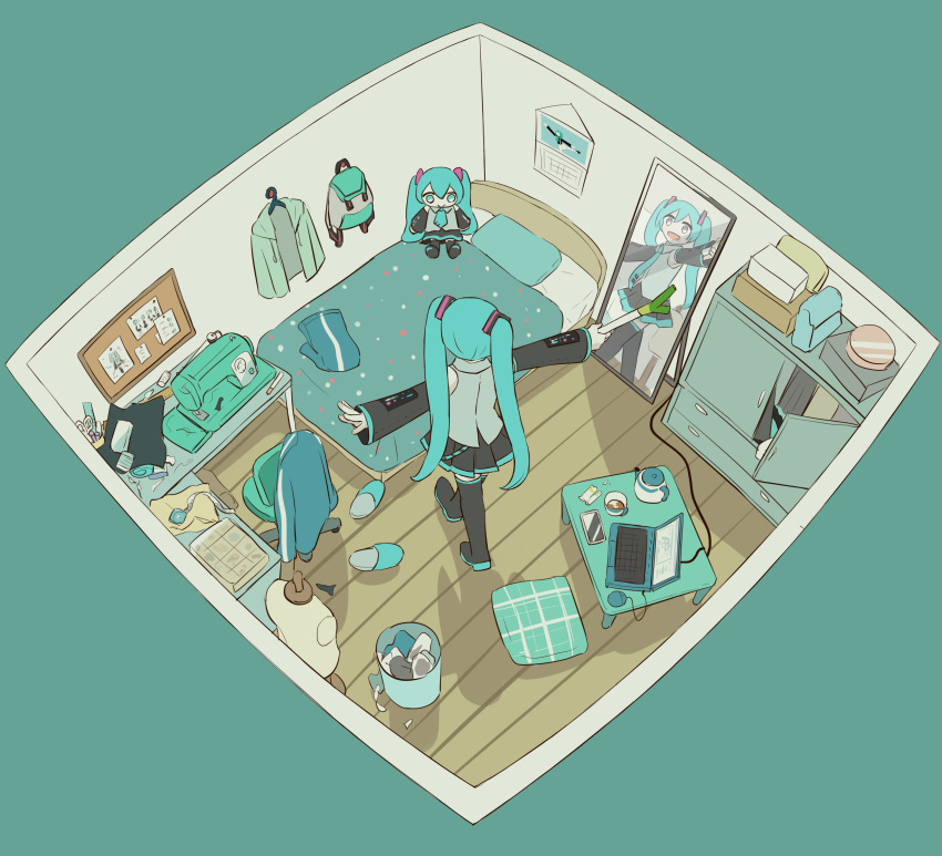 1girl absurdres aqua_hair avogado6 backpack bag bed bed_sheet bedroom black_footwear black_skirt black_sleeves boots calendar_(object) chair character_doll computer cosplay desk detached_sleeves floorplan full-length_mirror grey_shirt hatsune_miku hatsune_miku_(cosplay) highres holding indoors laptop looking_at_mirror looking_at_self mannequin mirror mouse_(computer) pillow pleated_skirt scissors sewing_machine shirt skirt sleeveless sleeveless_shirt slippers solo spring_onion standing t-pose tape_measure thigh_boots trash_can twintails vocaloid wooden_floor