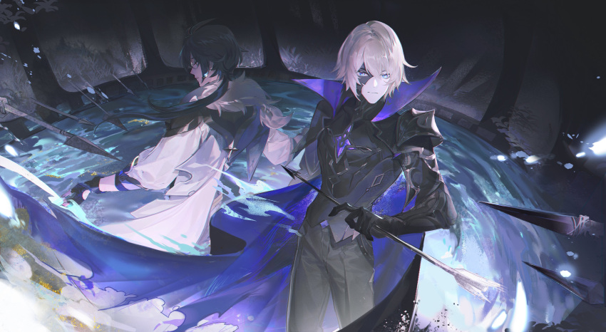 2boys absurdres arrow_(projectile) back-to-back bangs black_cape black_gloves black_jacket black_pants blonde_hair blue_cape blue_eyes blue_hair cape closed_mouth collared_cape commentary_request dainsleif_(genshin_impact) dark-skinned_male dark_skin earrings expressionless facing_away fingerless_gloves floating_hair fur-trimmed_cape fur_trim genshin_impact gloves hair_between_eyes half_mask hand_up high_collar highres holding holding_arrow jacket jewelry kaeya_(genshin_impact) long_hair long_sleeves looking_at_viewer male_focus mask mask_over_one_eye multiple_boys pants polearm ponytail shirt short_hair sidelocks sleeves_rolled_up spear standing ste7619 two-sided_cape two-sided_fabric water weapon white_shirt
