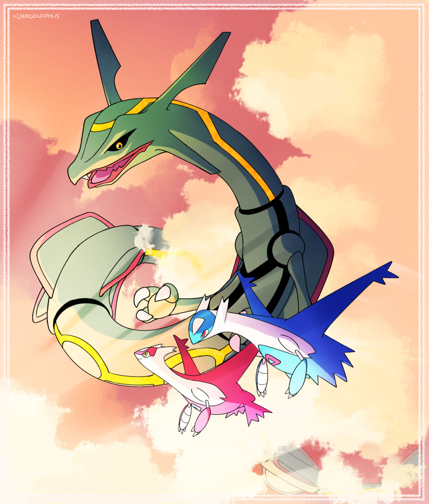 absurdres black_sclera border claws clouds colored_sclera colored_skin green_skin highres horns latias latios looking_at_another no_humans open_mouth pokemon pokemon_(creature) rayquaza red_eyes signature sky smile vergolophus wings yellow_eyes