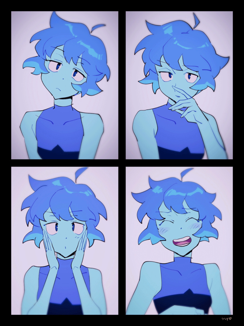 1girl ^_^ black_border blue_eyes blue_hair blue_skin blush border closed_eyes closed_mouth colored_skin expressions hands_on_own_cheeks hands_on_own_face head_tilt highres lapis_lazuli_(steven_universe) laughing looking_at_viewer nano8 panels parted_lips simple_background sleeveless smile steven_universe upper_body