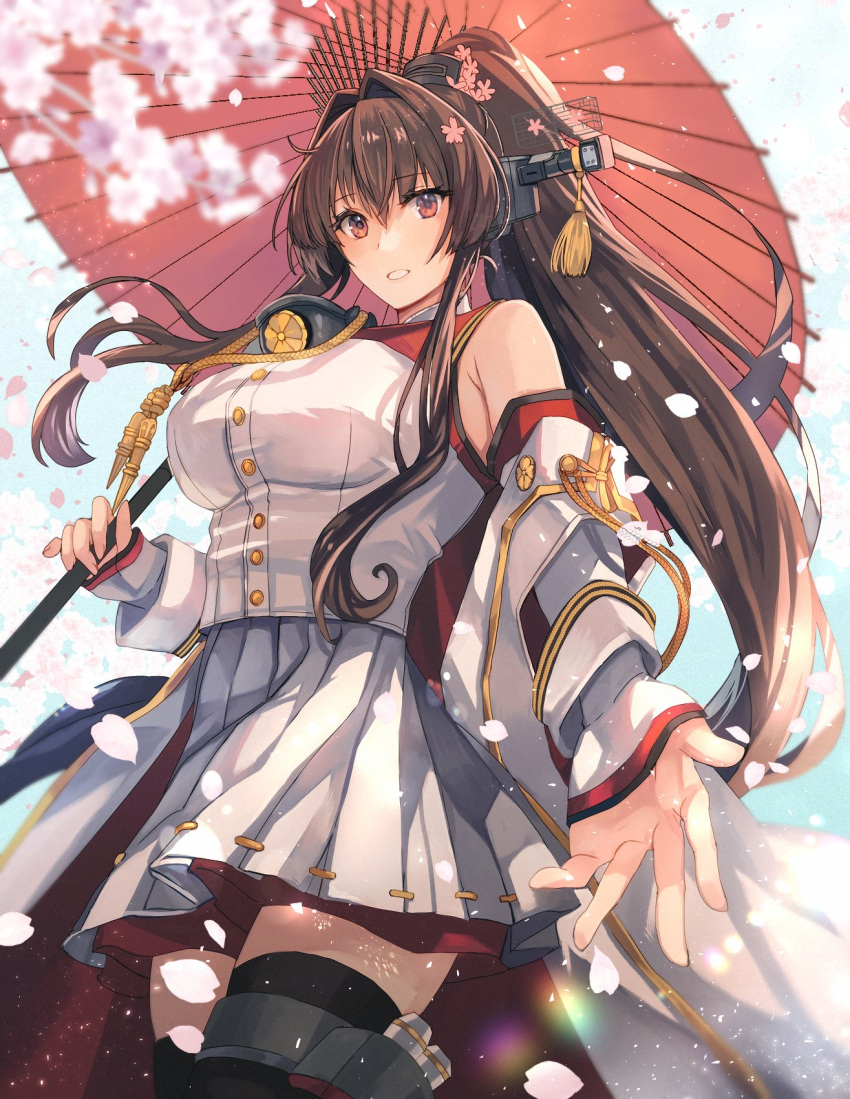 1girl black_thighhighs blush breasts brown_eyes brown_hair cherry_blossoms cowboy_shot flower grey_skirt hair_between_eyes hair_flower hair_ornament headgear highres holding holding_umbrella kantai_collection kasumi_(skchkko) large_breasts long_hair oil-paper_umbrella open_mouth petals pink_flower pleated_skirt ponytail red_umbrella skirt solo thigh-highs umbrella very_long_hair yamato_(kancolle) yamato_kai_ni_(kancolle)