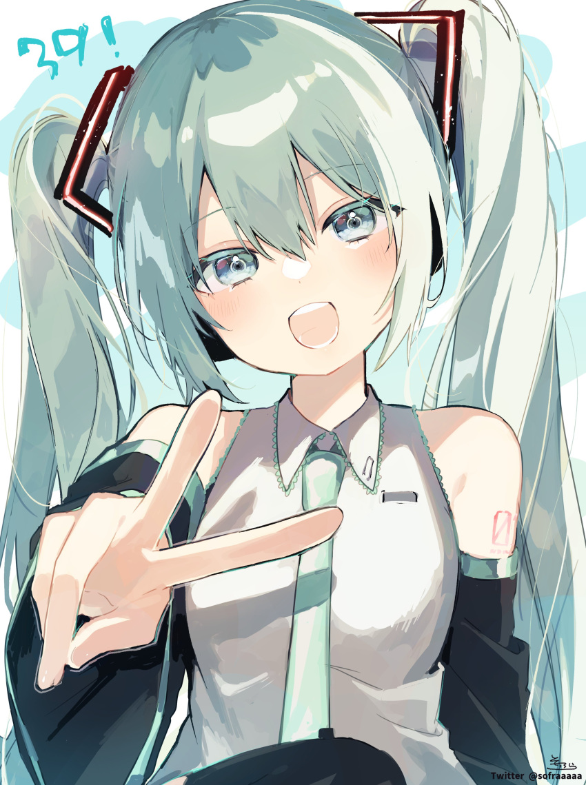 1girl 39 :d absurdres bangs black_sleeves black_thighhighs blue_eyes collared_shirt commentary_request detached_sleeves green_hair green_necktie hair_between_eyes hatsune_miku head_tilt highres long_hair long_sleeves looking_at_viewer miku_day necktie outstretched_arm shirt signature sleeveless sleeveless_shirt smile sofra solo teeth thigh-highs twintails twitter_username upper_body upper_teeth_only v very_long_hair vocaloid white_shirt wide_sleeves