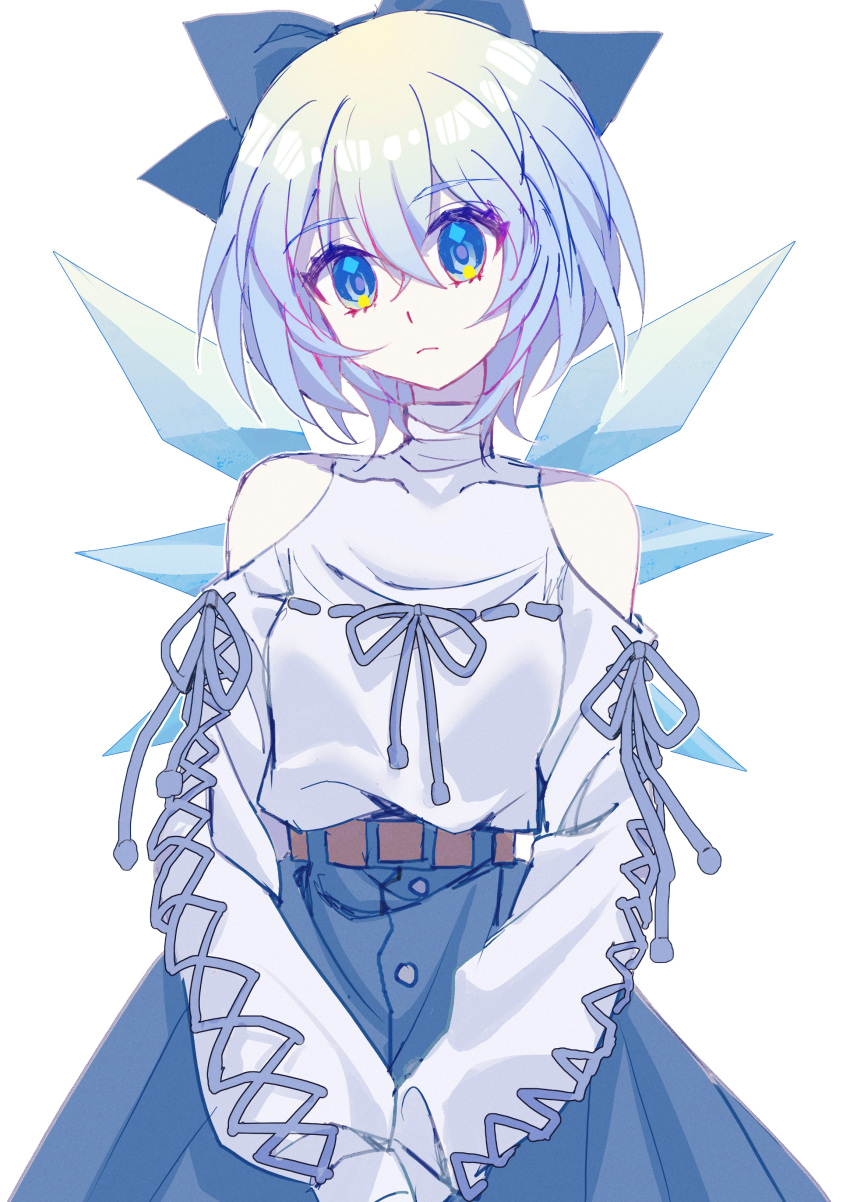 1girl absurdres adapted_costume bangs blue_bow blue_eyes blue_hair blue_skirt bow cirno closed_mouth clothing_cutout commentary_request cowboy_shot hair_bow highres ice ice_wings long_sleeves looking_at_viewer medium_hair shirt shirt_tucked_in shocho_(shaojiujiu) shoulder_cutout skirt solo touhou turtleneck white_shirt wings