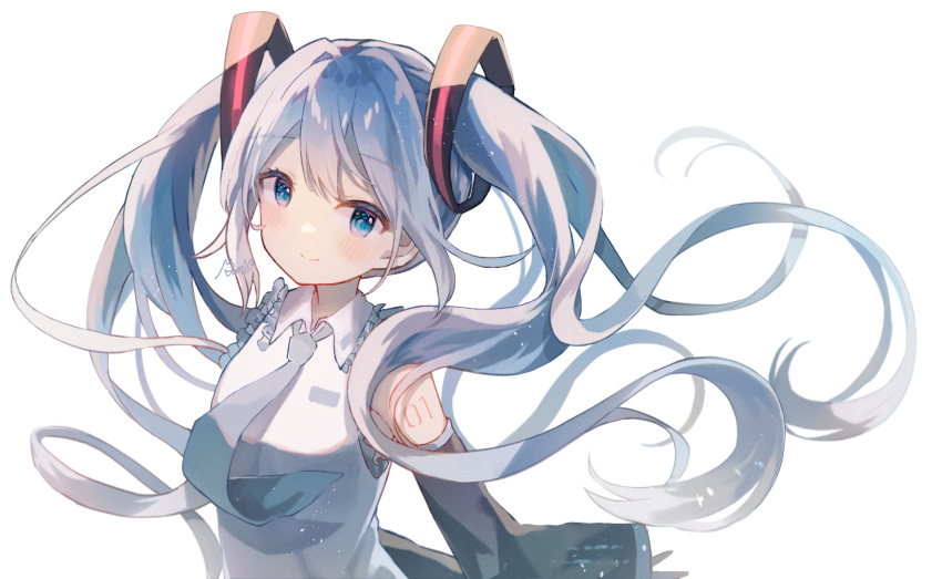 1girl aqua_hair aqua_necktie bangs black_sleeves blue_eyes blush breasts closed_mouth collared_shirt detached_sleeves floating_hair hair_ornament hatsune_miku highres long_hair looking_at_viewer necktie number_tattoo ruri_3607 shirt shoulder_tattoo signature simple_background small_breasts smile solo tattoo twintails upper_body vocaloid
