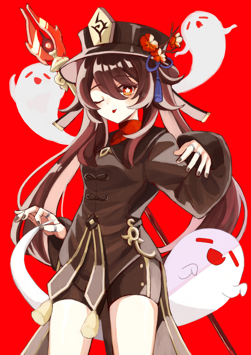 1girl 1other :d ;) ;p absurdres bangs black_nails black_shorts boo_tao_(genshin_impact) brown_hair chinese_clothes commentary_request flower genshin_impact ghost ghost_pose hair_between_eyes hat hat_flower hat_ornament highres hu_tao_(genshin_impact) jewelry long_hair long_sleeves looking_at_viewer one_eye_closed orange_eyes pone_(user_smrj2588) porkpie_hat red_background ring short_shorts shorts sidelocks simple_background smile symbol-shaped_pupils tongue tongue_out twintails watermark