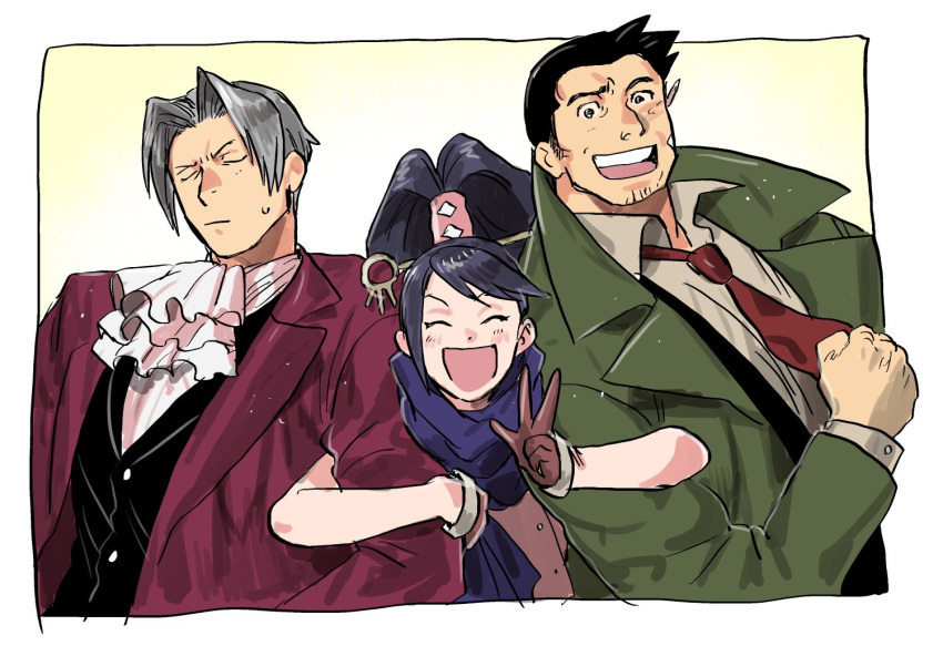 1girl 2boys ace_attorney ace_attorney_investigations arm_hug ascot bandaid bandaid_on_face black_eyes black_hair black_vest blue_scarf closed_eyes coat collared_shirt dick_gumshoe facial_hair formal gloves green_coat grey_hair grey_shirt hair_intakes hair_ornament high_ponytail jacket kay_faraday key long_hair long_sleeves miles_edgeworth multiple_boys necktie nitako open_mouth orange_necktie pencil pink_shirt ponytail red_jacket scarf shirt short_hair skirt smile stubble sweatdrop v vest white_shirt