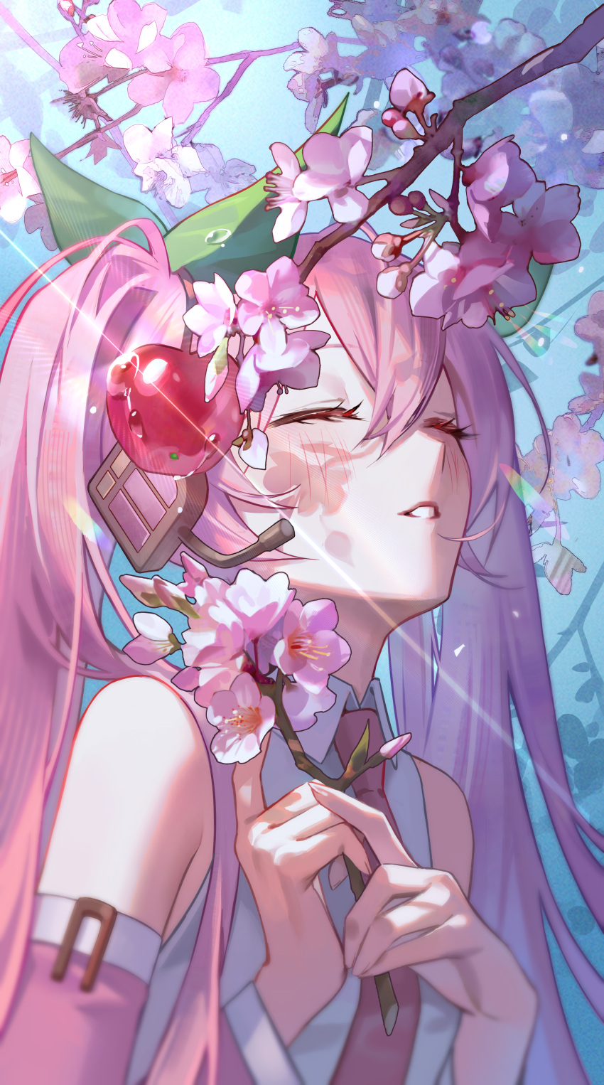 1girl absurdres cherry_blossoms cherry_hair_ornament closed_eyes detached_sleeves food-themed_hair_ornament hair_between_eyes hair_ornament hatsune_miku headset highres jyuma necktie pink_hair pink_necktie pink_sleeves sakura_miku solo twintails upper_body vocaloid