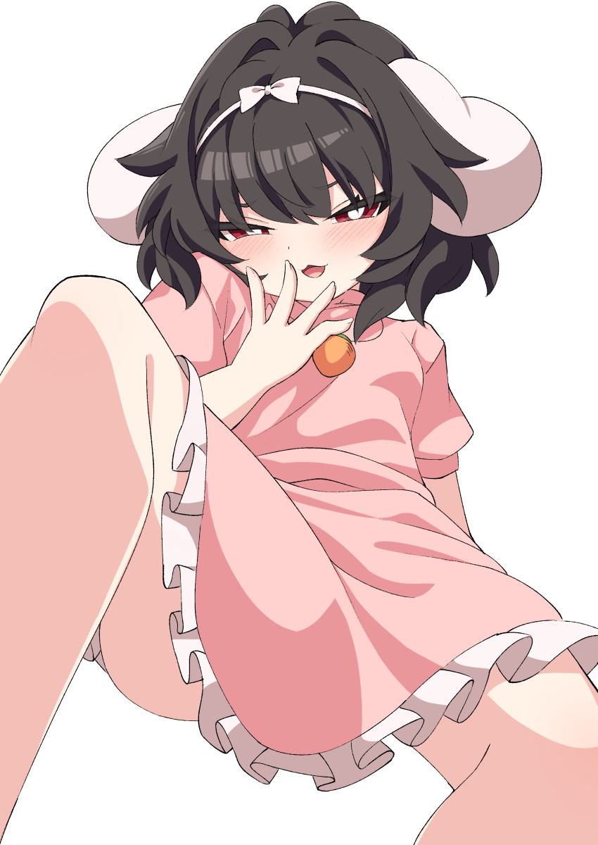 absurdres animal_ears black_hair carrot_necklace commentary_request dress floppy_ears frilled_dress frills hand_to_own_mouth highres inaba_tewi jewelry legs_apart looking_at_viewer necklace pink_dress puffy_short_sleeves puffy_sleeves rabbit_ears rabbit_girl red_eyes ribbon short_hair short_sleeves sitting smile smug touhou tsukimirin white_ribbon