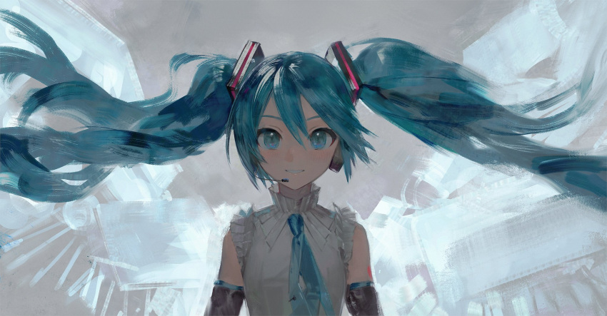 1girl arm_tattoo backlighting black_sleeves blue_eyes blue_hair blue_necktie blush crypton_future_media detached_sleeves floating_hair frilled_shirt_collar frills grey_shirt hair_ornament hatsune_miku hatsune_miku_happy_16th_birthday_-dear_creators- headset highres long_hair looking_at_viewer necktie shadow shirt sleeveless sleeveless_shirt smile solo tattoo tie_clip twintails vocaloid yyb