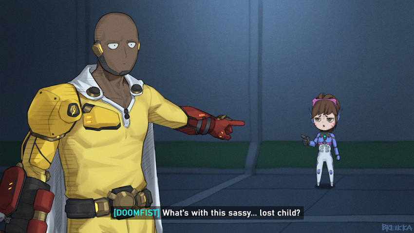 1boy 1girl aged_down bald bangs breikka closed_mouth d.va_(overwatch) dark_skin doomfist_(overwatch) english_commentary english_text formal headphones looking_at_another meme one-punch_man open_mouth overwatch overwatch_1 overwatch_2 pointing saitama_(one-punch_man) sassy_lost_child_(meme) subtitled suit tatsumaki twitter_username yellow_suit