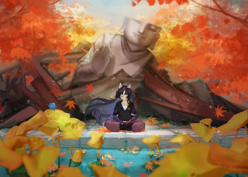 1girl absurdres animal_ears arknights autumn_leaves bird black_hair black_kimono blue_bird braid chinese_commentary closed_eyes closed_mouth collarbone commentary_request day dog_ears elbow_gloves facial_mark falling_leaves fingerless_gloves floating_hair flower forehead_mark gloves hair_ribbon highres japanese_clothes kimono leaf leaf_on_head long_hair lotus maple_leaf meditation mriyak outdoors pants puffy_pants purple_gloves purple_pants ribbon ruins saga_(arknights) single_braid sitting sky smile solo statue water wide_shot yellow_flower yellow_ribbon