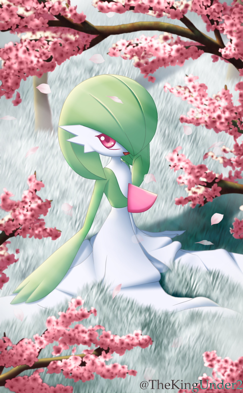 1girl absurdres artist_name bangs bob_cut cherry_blossoms colored_skin commentary day flat_chest flower full_body gardevoir grass green_hair green_skin hair_over_one_eye hand_to_own_mouth hand_up happy highres jaggy_lines looking_to_the_side looking_up multicolored_skin on_ground one_eye_covered open_mouth outdoors petals pink_flower pokemon pokemon_(creature) red_eyes short_hair sitting smile solo thekingunder tree twitter_username two-tone_skin watermark white_skin