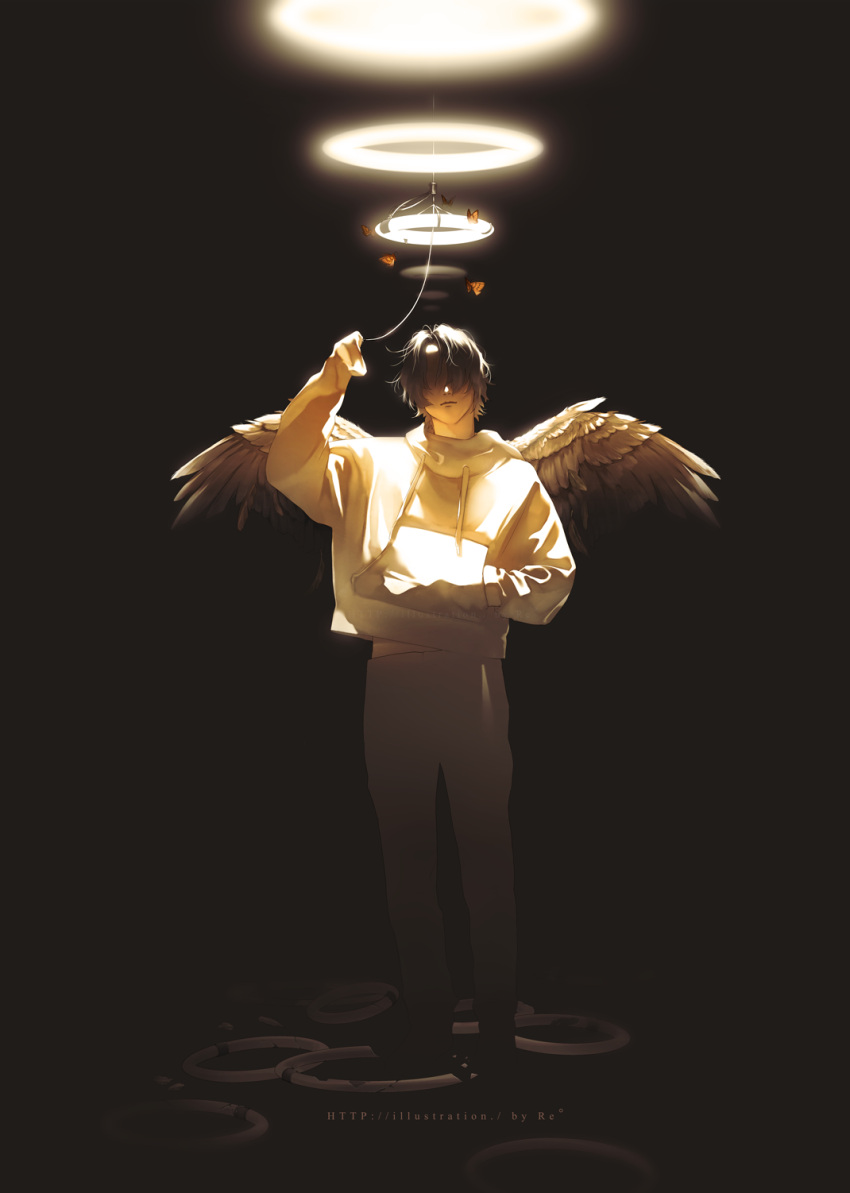 1boy angel angel_wings black_hair bug butterfly closed_mouth commentary_request faceless faceless_male feathered_wings full_body halo hand_up highres holding hood hoodie looking_at_viewer male_focus original pants rido_(ridograph) short_hair sleeves_past_fingers sleeves_past_wrists smile solo standing string white_hoodie white_pants wings