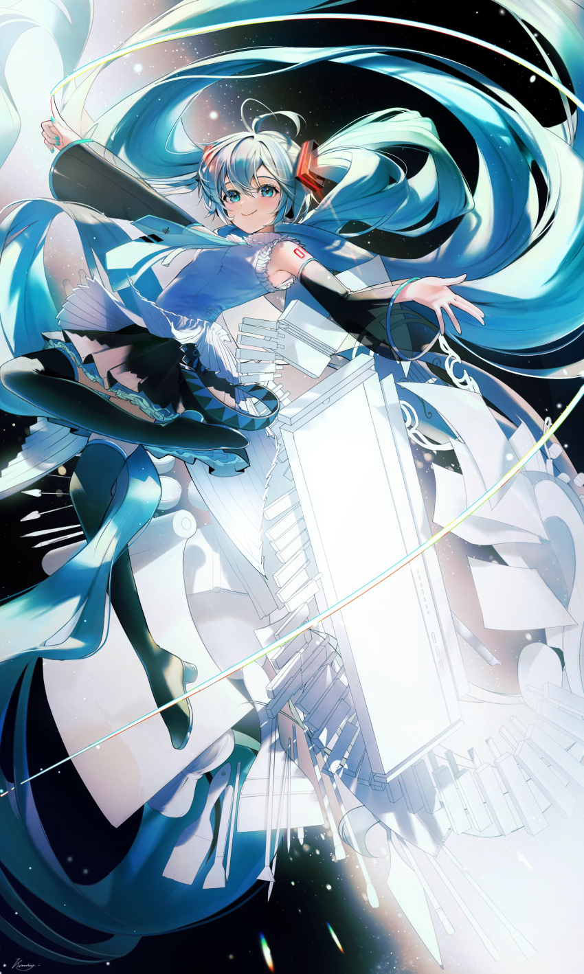 1girl absurdres aqua_hair art_brush black_footwear black_skirt black_sleeves blue_eyes blue_necktie boots cello commentary crypton_future_media detached_sleeves floating floating_hair flying_paper frilled_shirt frilled_shirt_collar frills grey_shirt hair_ornament hatsune_miku hatsune_miku_happy_16th_birthday_-dear_creators- headphones high_heel_boots high_heels highres instrument kamatoyu keyboard_(instrument) long_hair looking_at_viewer necktie number_tattoo outstretched_hand paintbrush paper piano_keys pleated_skirt pointing shirt skirt smile solo tattoo thigh_boots tools twintails very_long_hair vocaloid