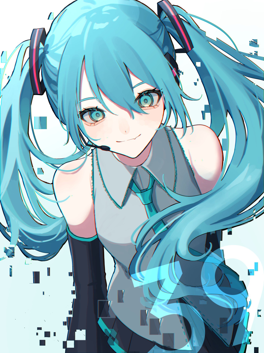 1girl 39 absurdres aqua_eyes aqua_hair aqua_necktie bangs bare_shoulders black_skirt closed_mouth collared_shirt commentary detached_sleeves fang grey_shirt hair_between_eyes hatsune_miku headset highres looking_at_viewer miku_day necktie shirt skin_fang skirt smile solo twintails upper_body vocaloid yoruse