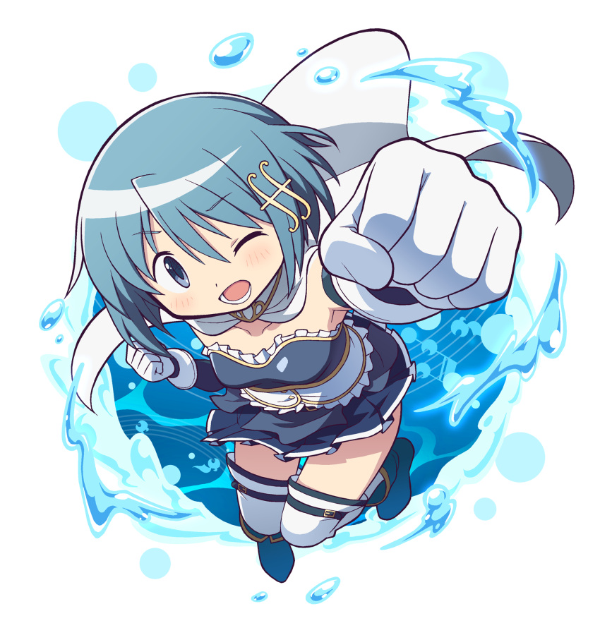 1girl ;d arm_up blue_eyes blue_hair cape clenched_hand collarbone dress fortissimo frilled_dress frills from_above gecchu gloves hair_ornament hairclip highres lower_teeth_only magical_girl mahou_shoujo_madoka_magica miki_sayaka musical_note musical_note_hair_ornament one_eye_closed pleated_skirt raised_fist short_hair skirt smile solo teeth thigh-highs white_background white_cape white_gloves white_thighhighs