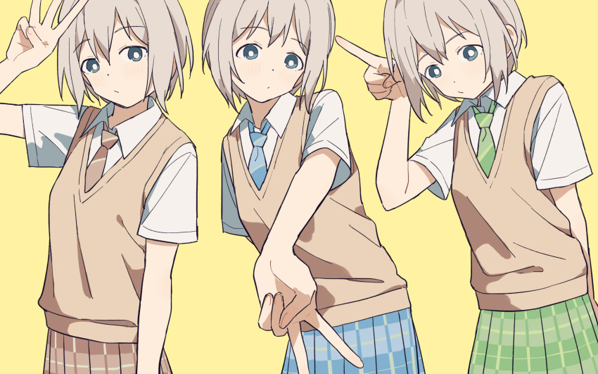 3girls aoba_moca bang_dream! blue_eyes clone coldcat. cowboy_shot expressionless finger_counting grey_hair highres multiple_girls necktie plaid plaid_skirt school_uniform short_hair simple_background skirt sweater_vest yellow_background