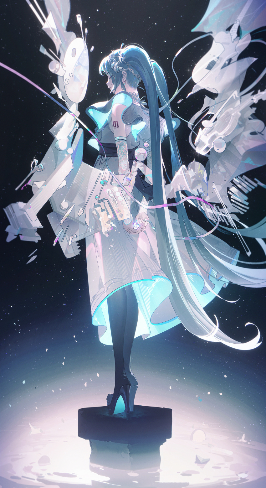 1girl 39 absurdly_long_hair absurdres aqua_hair arms_behind_back bangs bow breasts dress earrings full_body hair_between_eyes hair_bow hatsune_miku high_heels highres jewelry long_hair miku_day multicolored_hair solo twintails very_long_hair vocaloid ying_yi