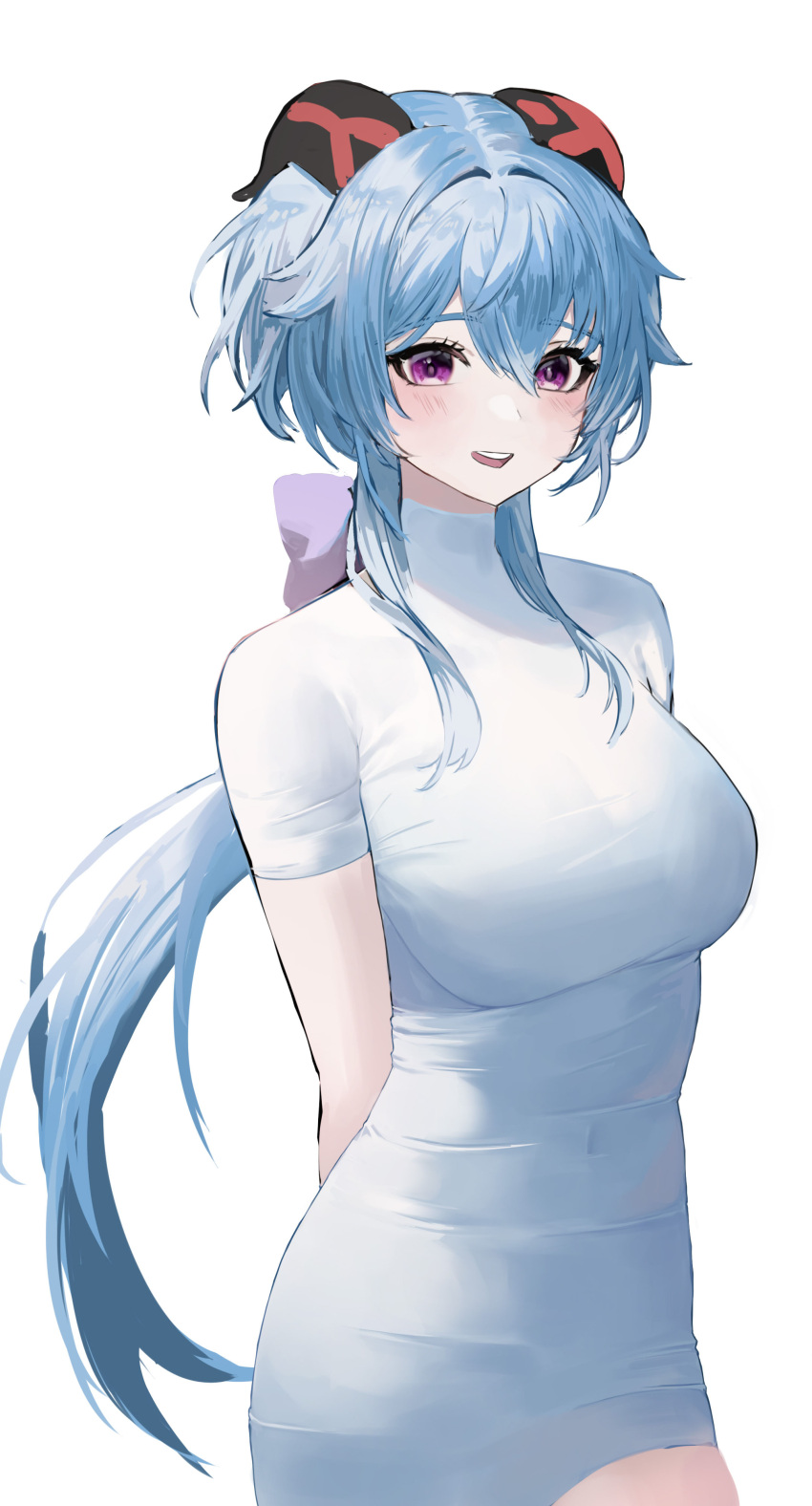 1girl :d absurdres arms_behind_back bangs blue_hair blush bodysuit bow breasts covered_navel ganyu_(genshin_impact) genshin_impact goat_horns hair_between_eyes hee_(user_ykux4248) highres horns large_breasts long_hair looking_at_viewer low_ponytail open_mouth purple_bow sidelocks simple_background smile solo teeth upper_body upper_teeth_only very_long_hair violet_eyes white_background white_bodysuit