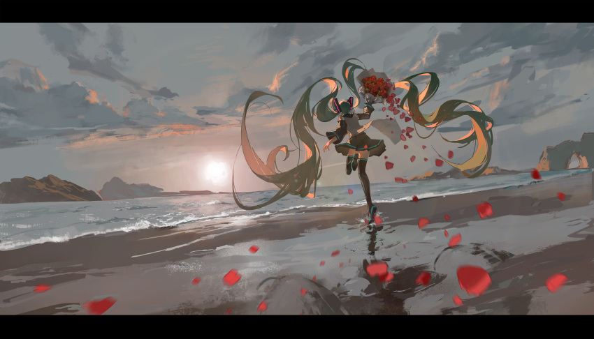 1girl absurdly_long_hair absurdres aqua_hair arch arm_at_side arm_up bare_shoulders beach black_footwear black_skirt black_sleeves blurry bokeh boots bouquet clouds cloudy_sky depth_of_field detached_sleeves evening facing_away floating_hair flower foam from_behind grey_shirt grey_sky hatsune_miku highres holding holding_bouquet horizon long_hair motion_blur mountain mountainous_horizon outdoors petals pleated_skirt puddle recon_(54995499) red_flower red_rose reflection ripples rock rose rose_petals running shirt shore single_horizontal_stripe skirt sky sleeveless sleeveless_shirt solo splashing standing standing_on_one_leg sun sunlight sunset thigh_boots twintails very_long_hair vocaloid water wide_shot wide_sleeves zettai_ryouiki