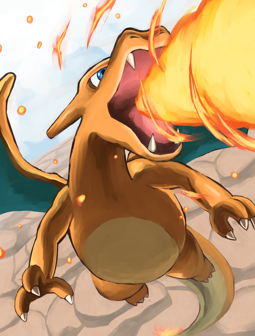 absurdres blue_eyes breathing_fire charizard claws commentary_request day dragon fangs fire highres jira_(ziraiya26) no_humans open_mouth outdoors pokemon pokemon_(creature) solo tongue