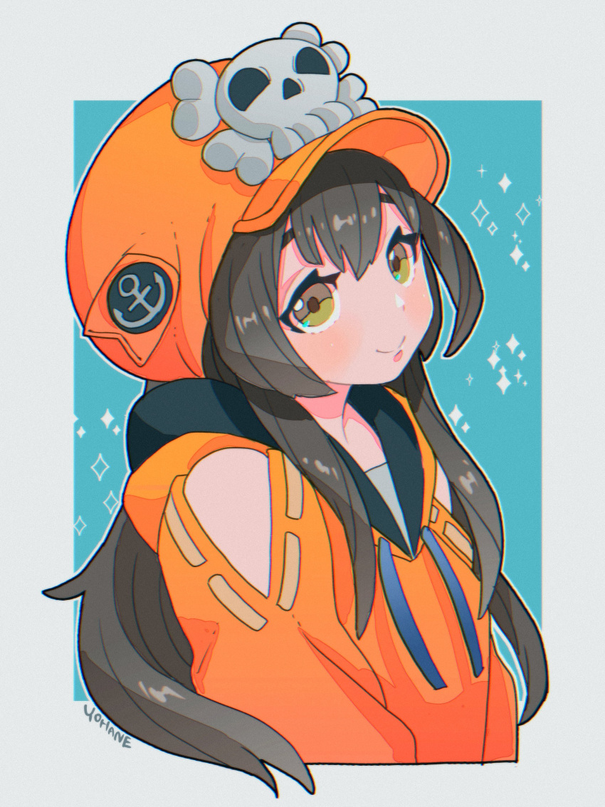 1girl absurdres brown_hair guilty_gear guilty_gear_strive highres hood hoodie long_hair long_sleeves looking_at_viewer may_(guilty_gear) orange_headwear orange_hoodie orange_shirt shirt skull_and_crossbones yellow_eyes yohane_shimizu