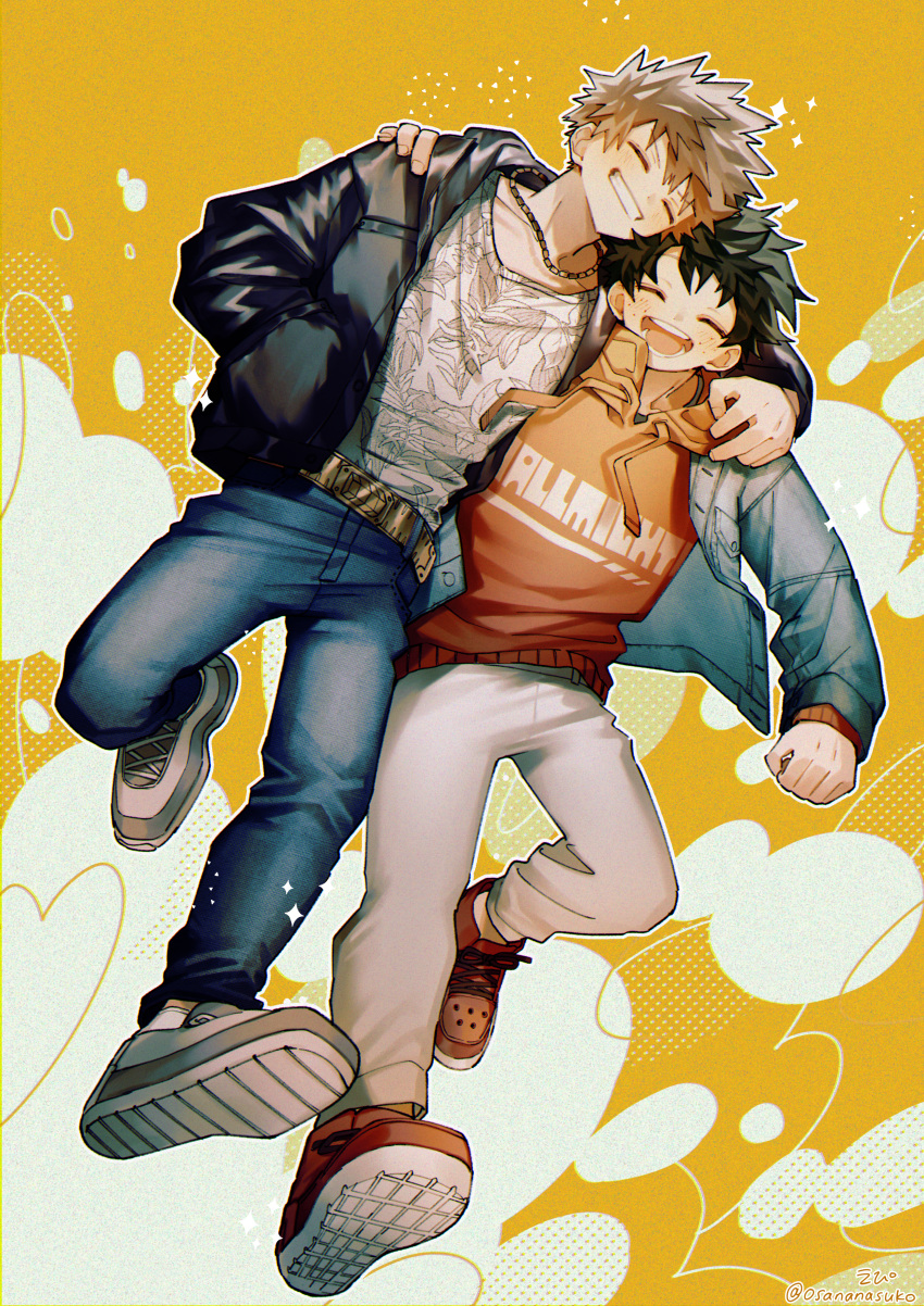 2boys ^_^ absurdres alternate_costume arm_around_shoulder artist_name bakugou_katsuki bangs black_jacket blonde_hair blue_pants blush boku_no_hero_academia breast_pocket casual character_name chromatic_aberration closed_eyes clothes_writing collarbone commentary_request cross-laced_footwear curly_hair denim denim_jacket dot_nose drawstring dutch_angle epi_(epi_ktdk) film_grain floating_clothes freckles full_body green_hair grin halftone halftone_background hand_in_pocket hands_up happy head_on_head head_rest head_tilt highres hood hood_down hoodie jacket jeans jewelry leaf_print leaning_on_person leather leather_jacket leg_up long_sleeves male_focus metal_belt midair midoriya_izuku multiple_boys necklace open_clothes open_jacket open_mouth orange_background orange_hoodie outstretched_arm oval pants pocket print_shirt raised_eyebrows red_footwear round_teeth shirt shoe_soles shoes short_hair side-by-side smile sneakers sparkle spiky_hair symmetrical_foot_pose t-shirt teeth twitter_username walking white_pants