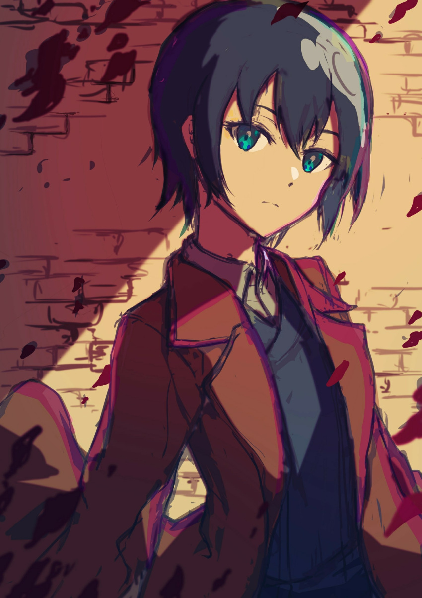 1girl androgynous aqua_eyes bangs black_hair black_jacket breasts brick_wall brown_background brown_coat closed_mouth coat commentary dress_shirt expressionless falling_leaves floating_clothes hair_between_eyes highres jacket kino_(kino_no_tabi) kino_no_tabi leaf light_frown looking_at_viewer open_clothes open_coat rumane_2020 shadow shirt short_hair sketch small_breasts solo tomboy upper_body very_short_hair white_shirt wind
