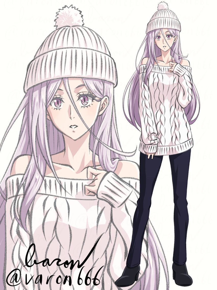 1girl artist_name baron_(varon666) beanie black_footwear blue_pants collarbone full_body fuuto_tantei hair_between_eyes hat high_heels highres kamen_rider kamen_rider_w long_hair long_sleeves looking_at_viewer off-shoulder_sweater off_shoulder pants parted_lips purple_hair shoes simple_background solo standing sweater tokime_(fuuto_tantei) twitter_username very_long_hair violet_eyes white_headwear white_sweater zoom_layer