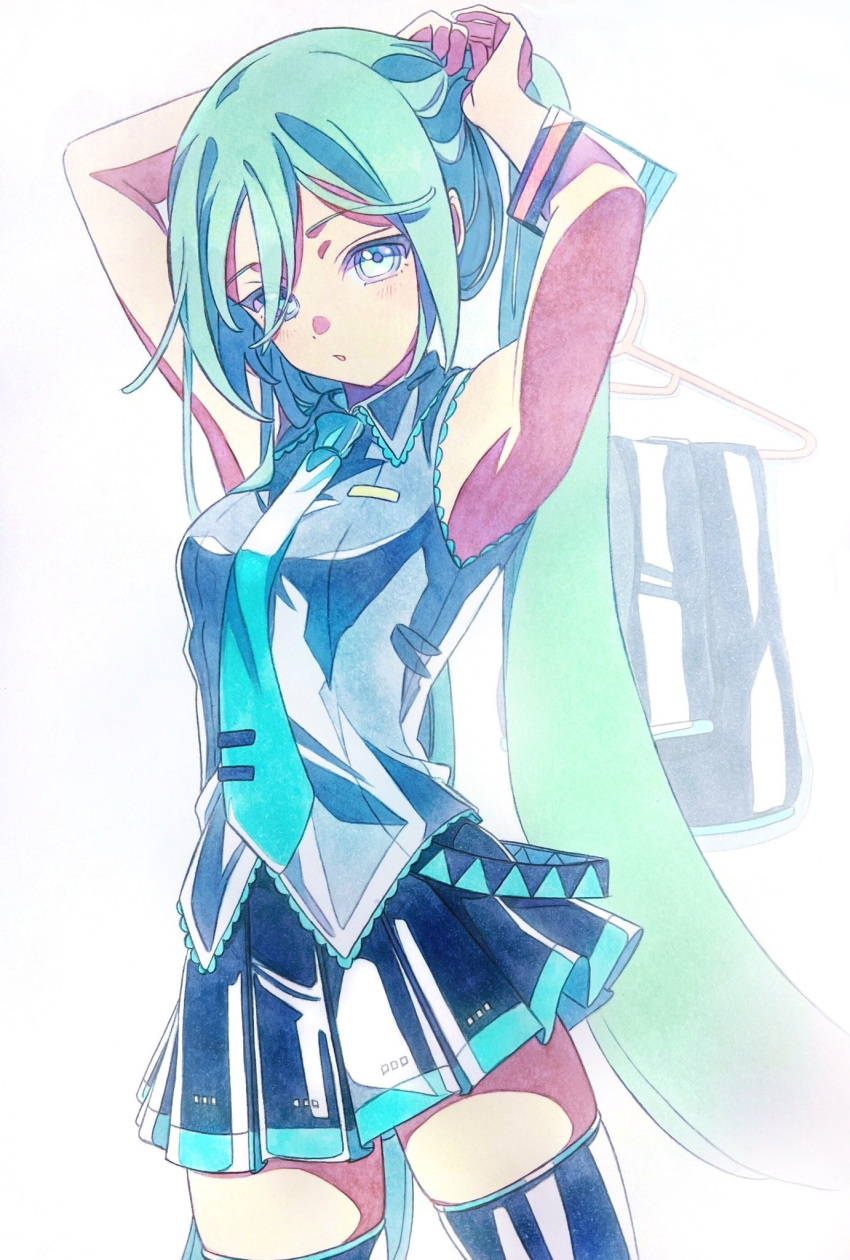 1girl adjusting_hair aqua_hair aqua_necktie armpits arms_up bare_shoulders black_footwear black_skirt blue_eyes boots breasts cel_shading chestnut_mouth clothes_hanger collared_shirt colored_pencil_(medium) grey_shirt hair_down hair_ornament_removed hairdressing hands_on_own_head hatsune_miku head_tilt highres light_blush long_hair looking_at_viewer medium_breasts miku_day narrow_waist necktie parted_lips pato_(ptro) pleated_skirt ringed_eyes shirt skindentation skirt sleeveless sleeveless_shirt sleeves_removed solo thigh_boots tie_clip traditional_media very_long_hair vocaloid zettai_ryouiki