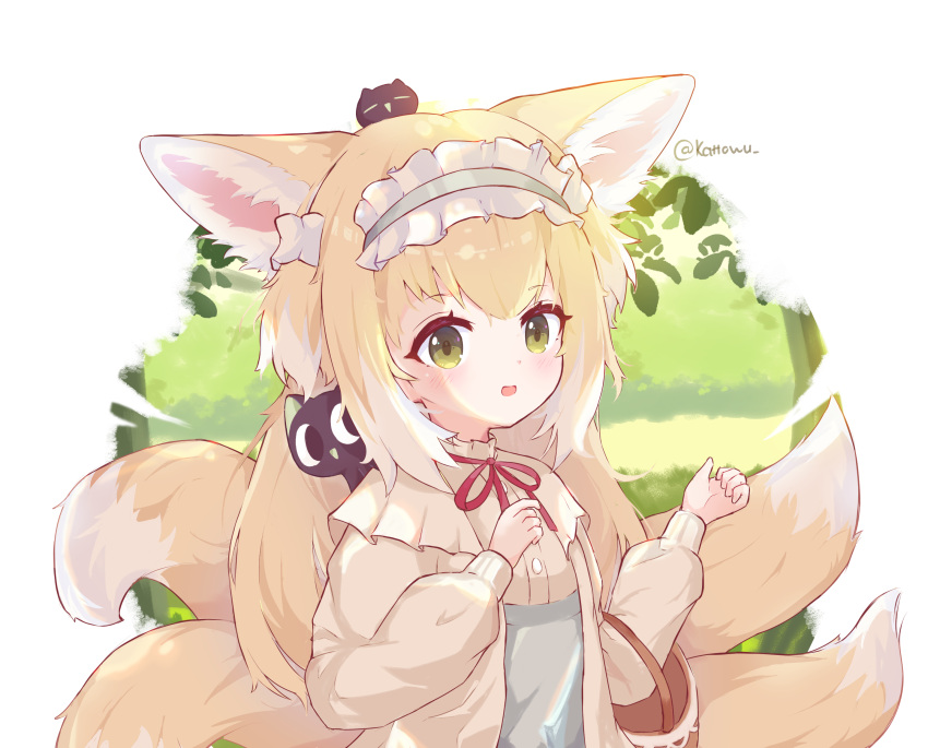 1girl animal animal_ear_fluff animal_ears arknights bangs basket black_cat blonde_hair blue_hairband blue_skirt cardigan cat fox_ears fox_girl fox_tail frilled_hairband frills green_eyes hairband heixiu highres kattowu kitsune kyuubi light_blush luoxiaohei multiple_tails neck_ribbon official_alternate_costume on_head open_cardigan open_clothes parted_lips red_ribbon ribbon shirt skirt suzuran_(arknights) suzuran_(spring_praise)_(arknights) tail the_legend_of_luo_xiaohei twitter_username upper_body yellow_cardigan yellow_shirt