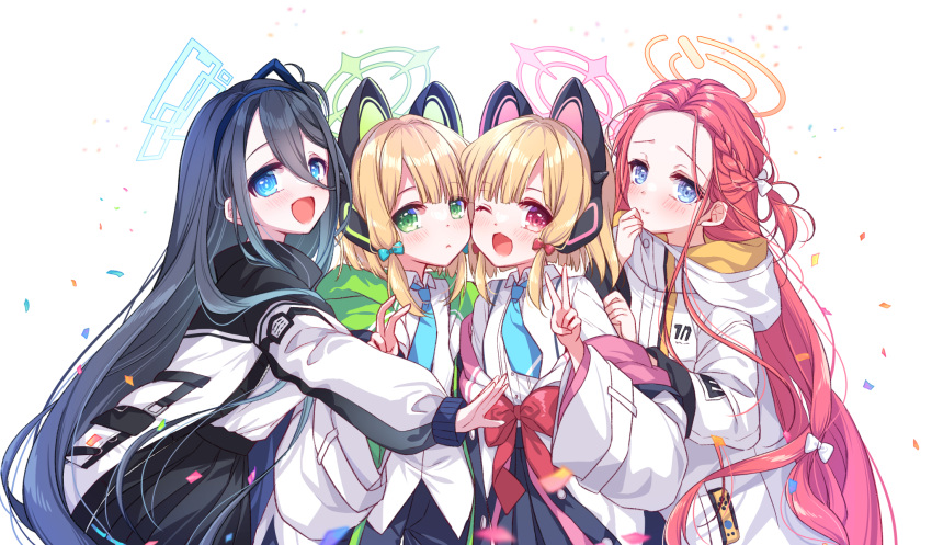4girls :d ;d animal_ear_headphones animal_ears aris_(blue_archive) bangs black_hair black_shorts black_skirt blonde_hair blue_archive blue_bow blue_eyes blue_necktie blush bow braid closed_mouth collared_shirt commentary_request confetti dress_shirt fake_animal_ears forehead green_eyes hair_between_eyes hair_bow halo headphones highres hood hood_down hooded_jacket jacket long_hair midori_(blue_archive) momoi_(blue_archive) multiple_girls necktie off_shoulder one_eye_closed one_side_up open_clothes open_jacket pleated_skirt power_symbol red_bow red_eyes redhead ringo_sui shirt shorts siblings simple_background sisters skirt smile twins very_long_hair white_background white_bow white_jacket white_shirt yuzu_(blue_archive)