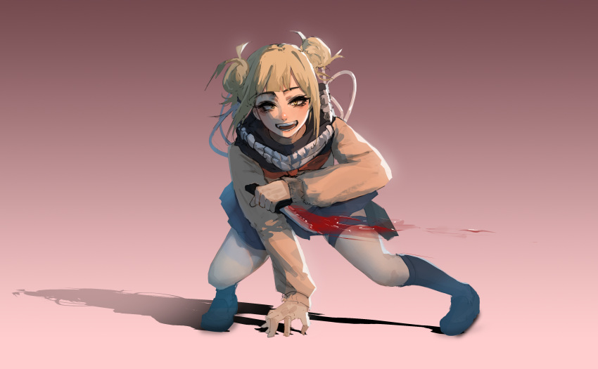 1girl absurdres bags_under_eyes bangs blonde_hair blood blood_on_weapon blue_sailor_collar blue_skirt blunt_bangs boku_no_hero_academia cardigan double_bun fangs fighting_stance hair_bun highres holding holding_knife kneehighs knife loafers long_sleeves looking_at_viewer messy_hair narrowed_eyes neckerchief open_mouth pleated_skirt reborns red_neckerchief sailor_collar school_uniform serafuku shadow shoes short_hair sidelocks skirt slit_pupils socks solo teeth thigh_pouch thigh_strap toga_himiko weapon yellow_cardigan yellow_eyes
