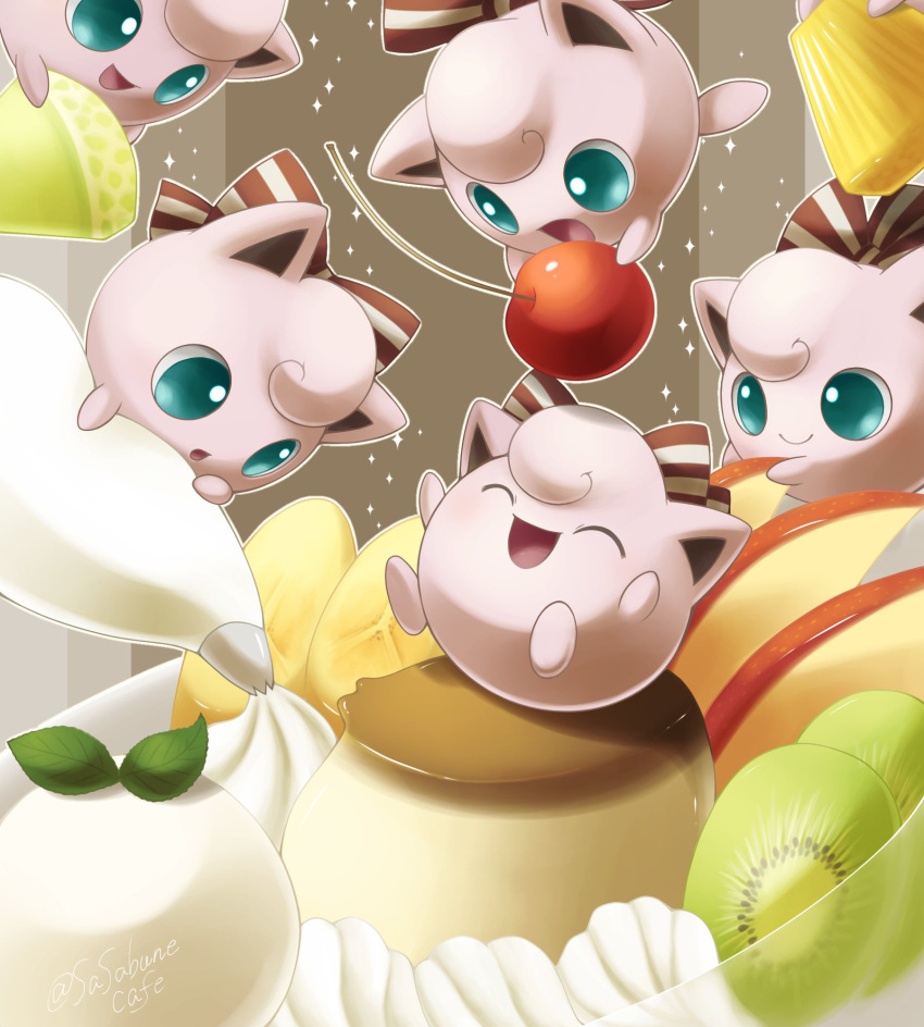 :d :o apple apple_slice aqua_eyes bow caramel cherry closed_eyes closed_mouth cream food fruit highres jigglypuff kiwi_(fruit) kiwi_slice melon melon_slice open_mouth pineapple pineapple_slice pokemon pokemon_(creature) puddle sasabunecafe smile striped sweets twitter_username whipped_cream