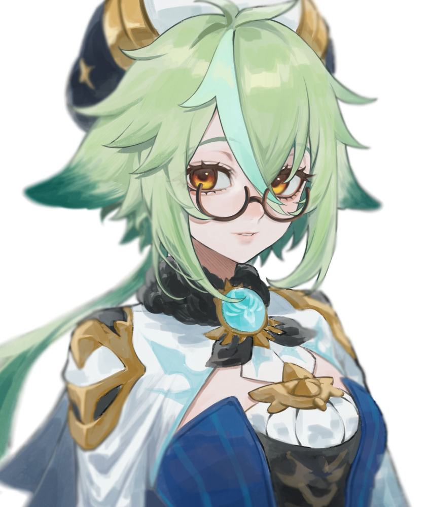 1girl animal_ears antenna_hair bangs blue_hair blurry breasts brooch cleavage_cutout clothing_cutout cropped_torso dress genshin_impact glasses green_hair hair_between_eyes hair_flaps hair_ornament highres itou_(very_ito) jewelry light_smile long_hair long_sleeves looking_at_viewer multicolored_hair orange_eyes ponytail semi-rimless_eyewear short_hair sidelocks simple_background small_breasts solo streaked_hair sucrose_(genshin_impact) white_background white_hair yellow_eyes