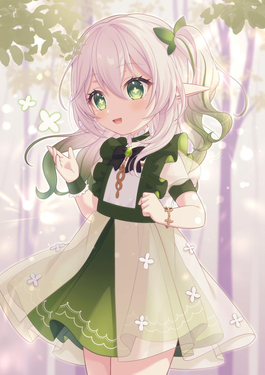 1girl absurdres alternate_costume black_bow bow bowtie dress genshin_impact gradient_hair green_dress green_eyes green_hair hair_between_eyes hair_ornament highres jewelry long_hair multicolored_hair nahida_(genshin_impact) open_mouth pochimaru_(marumaru_wanwan) pointy_ears ponytail short_sleeves side_ponytail smile solo symbol-shaped_pupils white_hair wristband