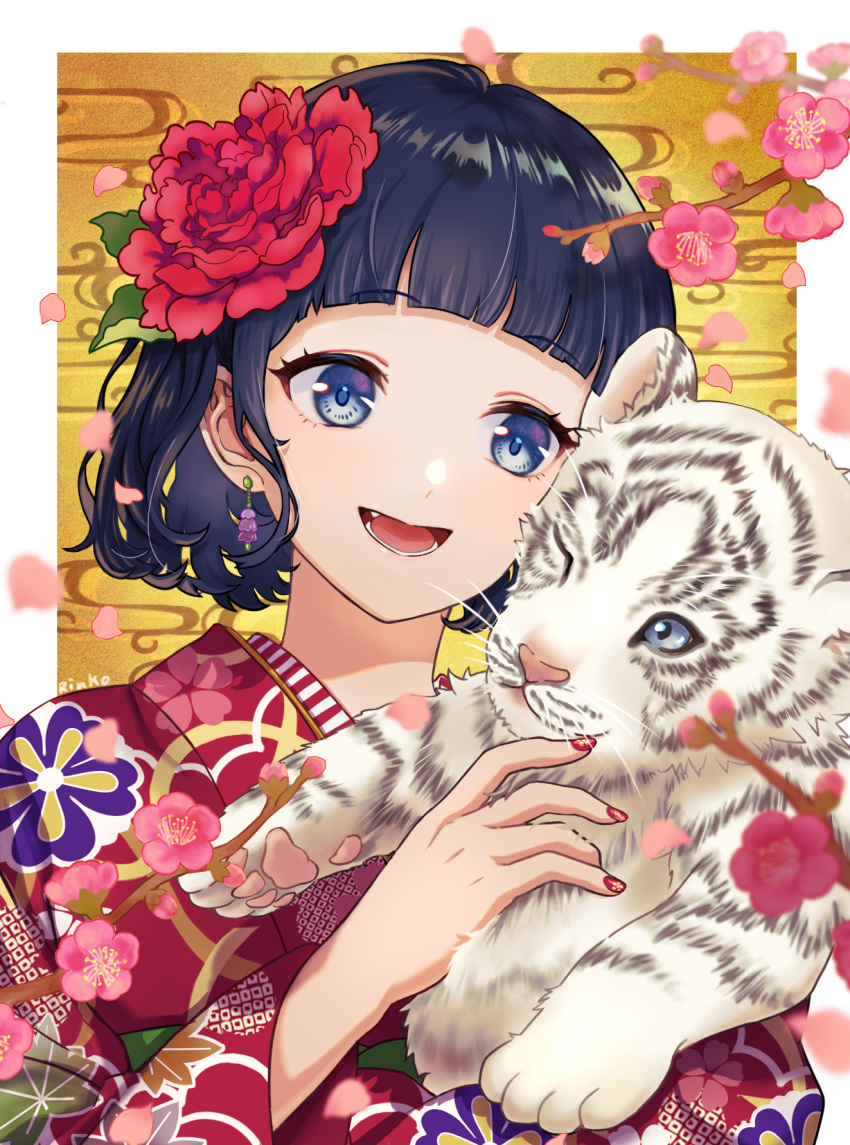 1girl animal bangs blue_eyes blue_hair branch cherry_blossoms commission dark_blue_hair earrings floral_print flower hair_flower hair_ornament hand_up highres holding holding_animal japanese_clothes jewelry kimono nail_polish open_mouth original print_kimono red_flower red_kimono red_nails rinko_(mjan3783) short_hair skeb_commission smile solo tiger upper_body white_tiger