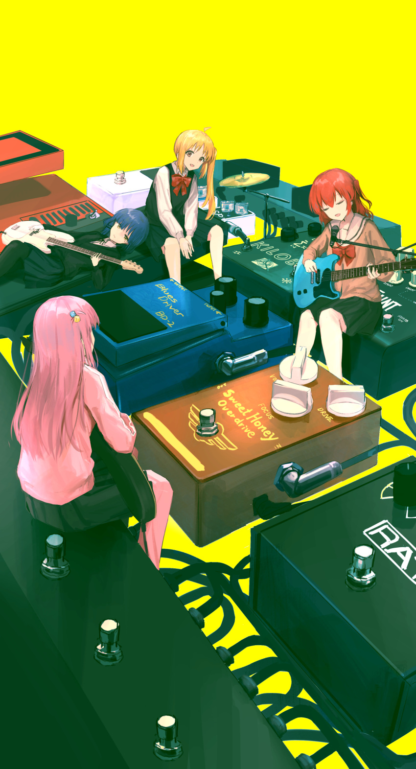 4girls absurdres ahoge black_skirt black_vest blonde_hair blue_hair bocchi_the_rock! bow bowtie brown_eyes closed_eyes effects_pedal facing_another gotou_hitori guitar hair_bobbles hair_ornament highres holding holding_instrument ijichi_nijika instrument kita_ikuyo looking_at_another lying microphone microphone_stand minigirl mole mole_under_eye multiple_girls music on_back one_side_up pants pants_under_skirt pink_hair pink_track_suit playing_instrument pleated_skirt red_bow red_bowtie redhead school_uniform seikatsu shimokitazawa_high_school_uniform shirt shuka_high_school_uniform side_ponytail simple_background sitting skirt smile vest white_shirt yamada_ryou yellow_background yellow_eyes