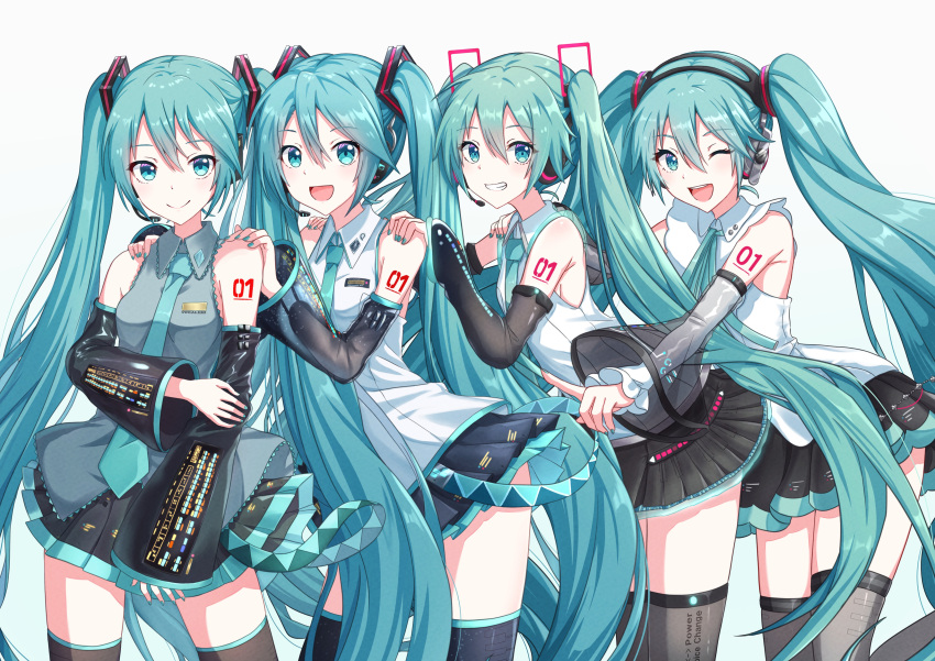 4girls absurdres aqua_eyes aqua_hair aqua_nails aqua_necktie black_skirt black_sleeves black_thighhighs blue_eyes blue_hair blue_necktie blush boots breasts collared_shirt conga_line contrapposto cowboy_shot crypton_future_media detached_sleeves frilled_shirt frills grey_shirt hair_between_eyes hair_ornament hand_on_own_arm hands_on_another's_shoulders hatsune_miku hatsune_miku_(nt) hatsune_miku_(vocaloid3) hatsune_miku_(vocaloid4) headphones headset highres inner_miniskirt itogari long_hair looking_at_viewer miniskirt multiple_girls multiple_persona necktie number_tattoo one_eye_closed open_mouth piapro pleated_skirt pointing semi-transparent shirt simple_background skirt sleeveless sleeveless_shirt small_breasts smile tattoo thigh_boots thighhighs thighs twintails very_long_hair vocaloid white_background white_shirt