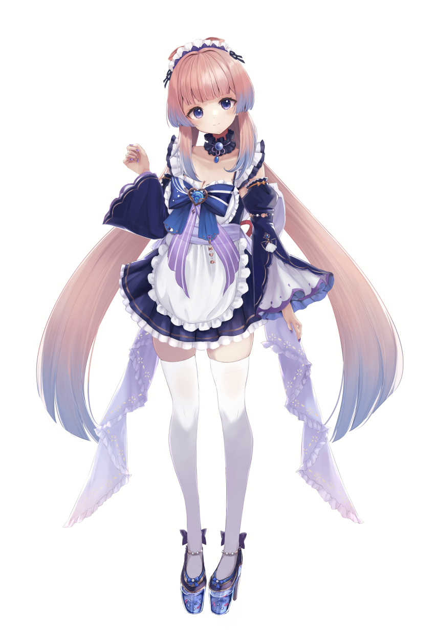 1girl absurdres adapted_costume alternate_costume apron bangs blunt_bangs bow choker collarbone commentary_request detached_sleeves enmaided frilled_apron frilled_choker frilled_skirt frills full_body genshin_impact gradient_hair high_heels highres itone_114 long_hair long_sleeves looking_at_viewer low_twintails maid maid_apron maid_headdress multicolored_hair pink_hair ponytail sangonomiya_kokomi sidelocks simple_background skirt solo standing thigh-highs twintails very_long_hair violet_eyes vision_(genshin_impact) white_background white_thighhighs wide_sleeves zettai_ryouiki