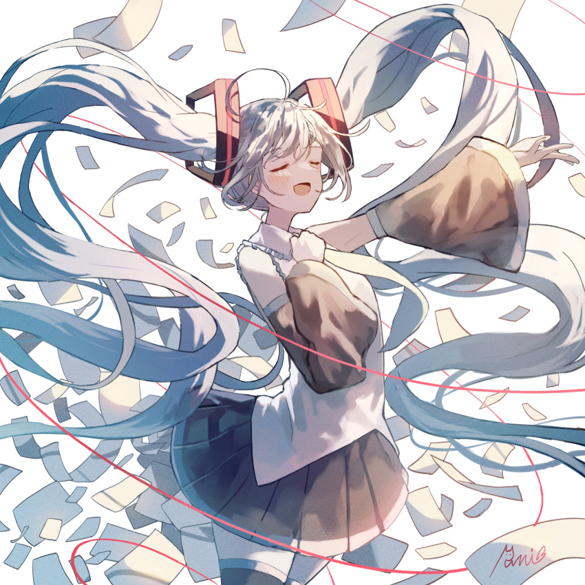 1girl aqua_hair aqua_necktie bangs bare_shoulders black_shirt black_sleeves black_thighhighs blush closed_eyes collared_shirt commentary cowboy_shot detached_sleeves floating_hair flying_paper hair_ornament hand_up hatsune_miku highres long_hair miku_day necktie open_mouth paper pleated_skirt ruri_3607 shirt signature skirt solo string thigh-highs twintails very_long_hair vocaloid zettai_ryouiki