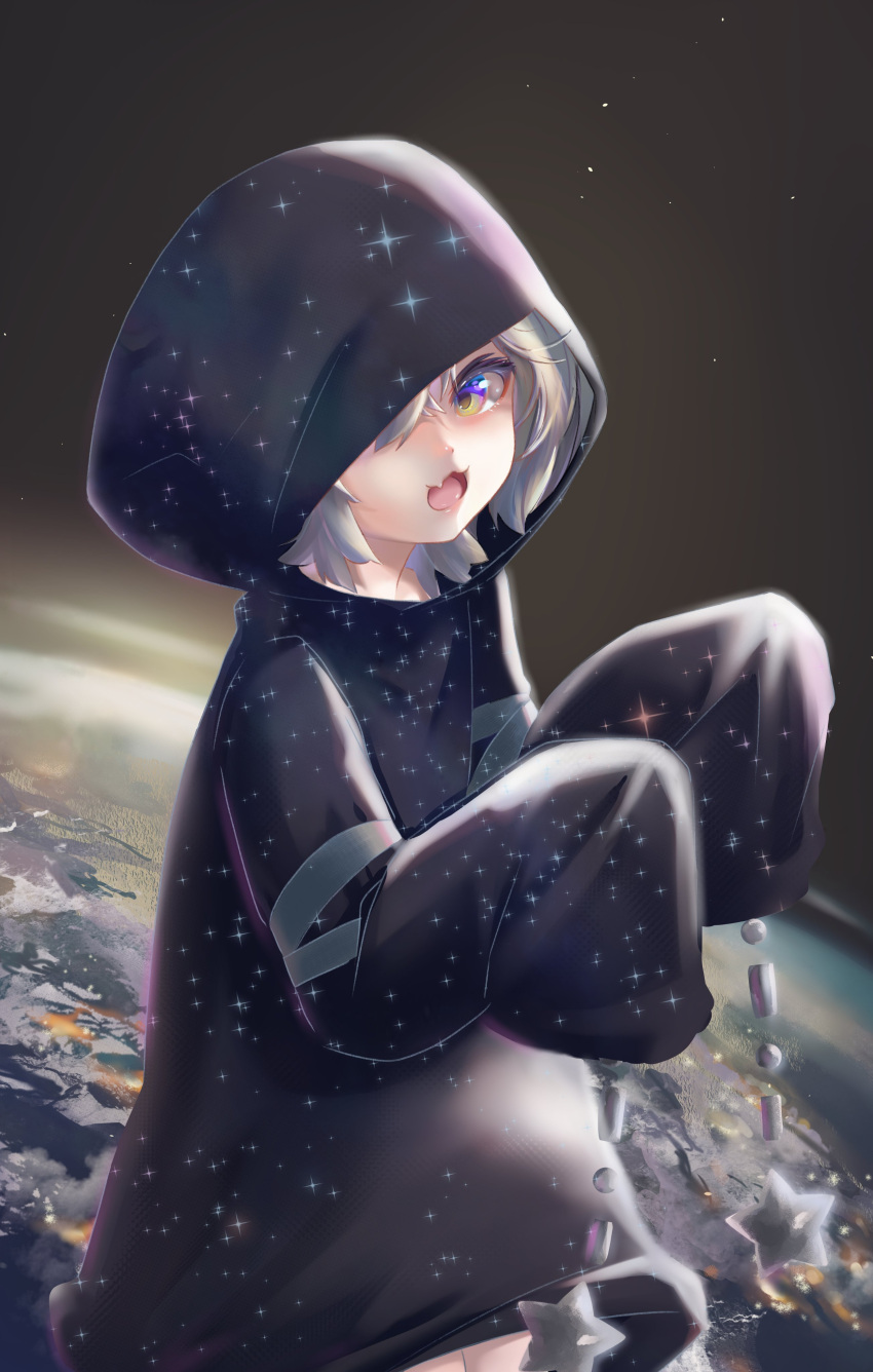 1girl :3 :d absurdres armband black_cloak blue_eyes cloak commentary earth_(planet) eyelashes fang highres hood hood_up hooded_cloak indie_virtual_youtuber jpml looking_at_viewer multicolored_eyes nisha_nixyeva one_eye_covered open_mouth oversized_clothes photoshop_(medium) planet skin_fang sleeves_past_fingers sleeves_past_wrists smile space spanish_commentary star_(sky) star_(symbol) starry_sky_print virtual_youtuber white_hair yellow_eyes