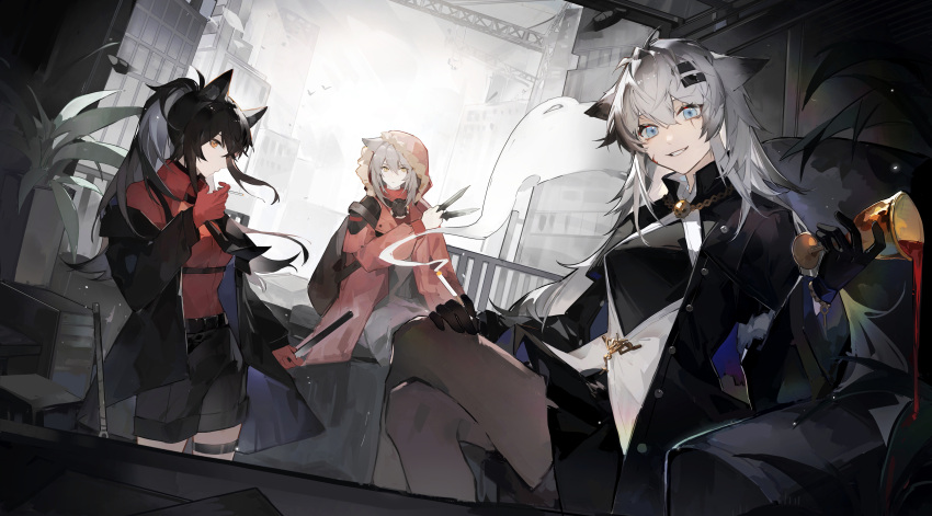 3girls absurdres animal_ear_fluff animal_ears arknights bird black_bag black_gloves black_hair black_jacket black_shirt black_shorts black_skirt blood blood_on_face blue_eyes building chalice chinese_commentary cigarette city commentary_request crane_(machine) crossed_legs cup gloves grey_hair grey_shirt hair_between_eyes hair_ornament hairclip highres holding holding_cigarette holding_cup holding_knife hood hood_up hooded_jacket jacket jewelry knife lappland_(arknights) lappland_(refined_horrormare)_(arknights) long_hair long_sleeves looking_at_viewer multiple_girls necklace off_shoulder official_alternate_costume open_clothes open_jacket parted_lips plant planted planted_sword ponytail projekt_red_(arknights) railing red_jacket red_shirt shirt shorts sideways_glance sitting skirt skull_necklace skyscraper smile smoke sword texas_(arknights) texas_(willpower)_(arknights) weapon wolf_ears yellow_eyes ziliang_inori