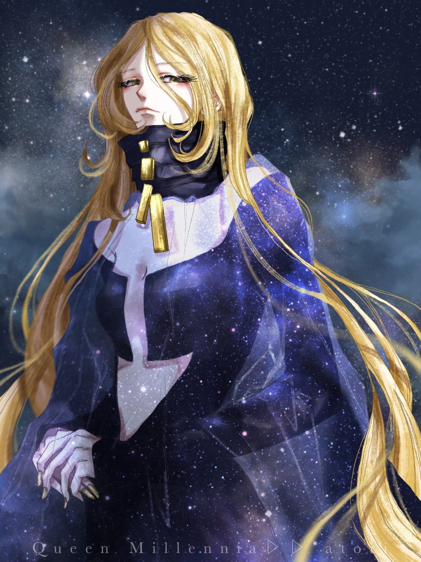 1970s_(style) 1girl alien blonde_hair commentary_request dress english_text highres larela looking_at_viewer matsumoto_leiji_(style) nebula queen_millennia redesign retro_artstyle sad science_fiction serious space star_(sky) starry_background title tunic uniform upper_body