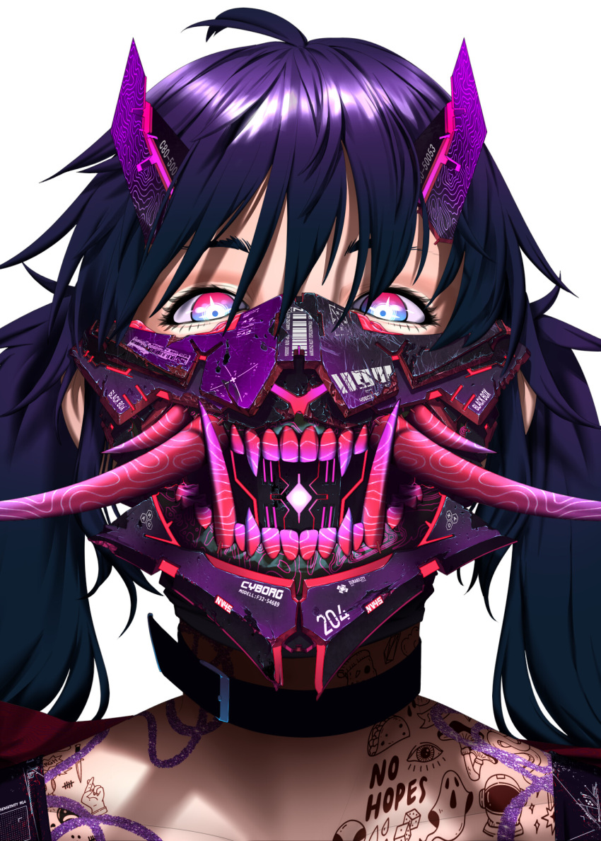 ahoge artist_request character_request chest_tattoo close-up copyright_name copyright_request food gas_mask highres horns long_hair looking_at_viewer mask mouth_mask non-web_source oni oni_horns onigiri purple_hair source_request tattoo teeth twintails upper_body
