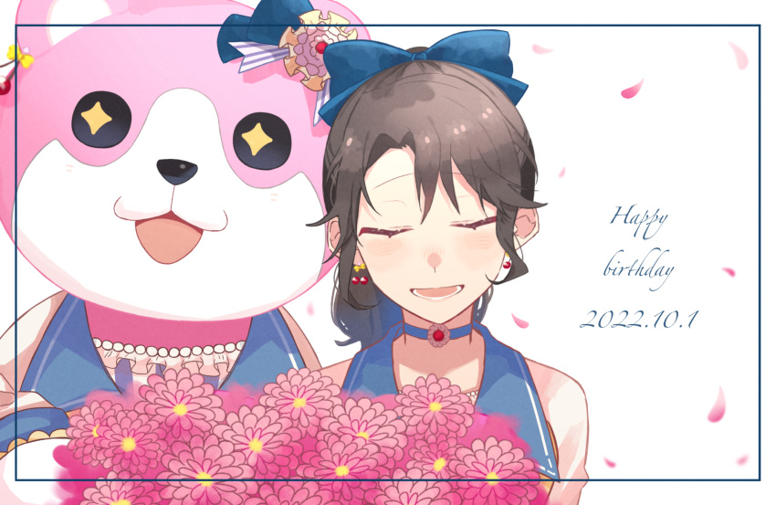 1girl alternate_hairstyle animal_costume bang_dream! bear_costume black_hair bow cherry_earrings choker closed_eyes dated earrings facing_viewer flower food-themed_earrings framed hair_bow happy_birthday highres jewelry michelle_(bang_dream!) okusawa_misaki open_mouth ponytail smile toramame upper_body