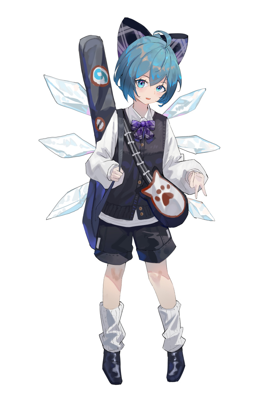 1girl absurdres ahoge alternate_costume bangs black_bow black_footwear black_shorts black_vest blue_eyes blue_hair blush bow bowtie buttons cirno collared_shirt fairy firecracker_(user_kgxp3553) full_body hair_between_eyes hair_bow highres ice ice_wings instrument_case long_sleeves open_mouth purple_bow purple_bowtie shirt shoes short_hair shorts simple_background solo touhou vest white_background white_shirt wings