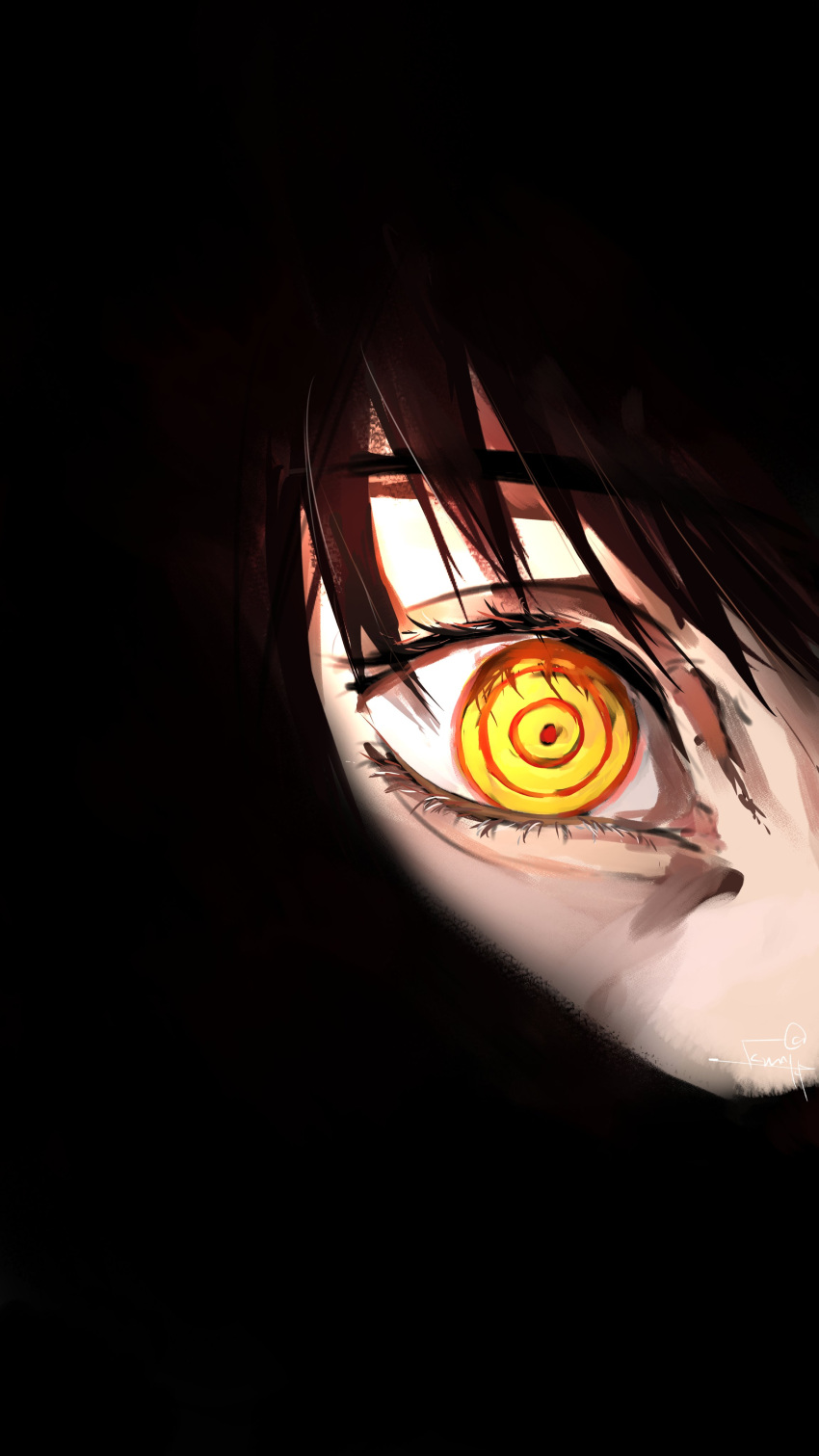 1girl absurdres black_background chainsaw_man covering_face covering_mouth eye_focus eyelashes eyes_in_shadow highres kumah_dessu looking_at_viewer makima_(chainsaw_man) redhead ringed_eyes simple_background solo yellow_eyes