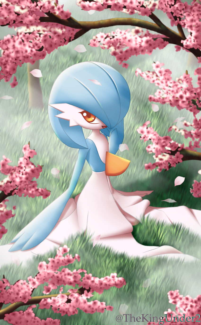 1girl absurdres alternate_color artist_name bangs blue_hair blue_skin bob_cut cherry_blossoms colored_skin commentary day flat_chest flower full_body gardevoir grass hair_over_one_eye hand_to_own_mouth hand_up happy highres jaggy_lines looking_to_the_side looking_up multicolored_skin on_ground one_eye_covered open_mouth orange_eyes outdoors petals pink_flower pokemon pokemon_(creature) shiny_pokemon short_hair sitting smile solo thekingunder tree twitter_username two-tone_skin watermark white_skin