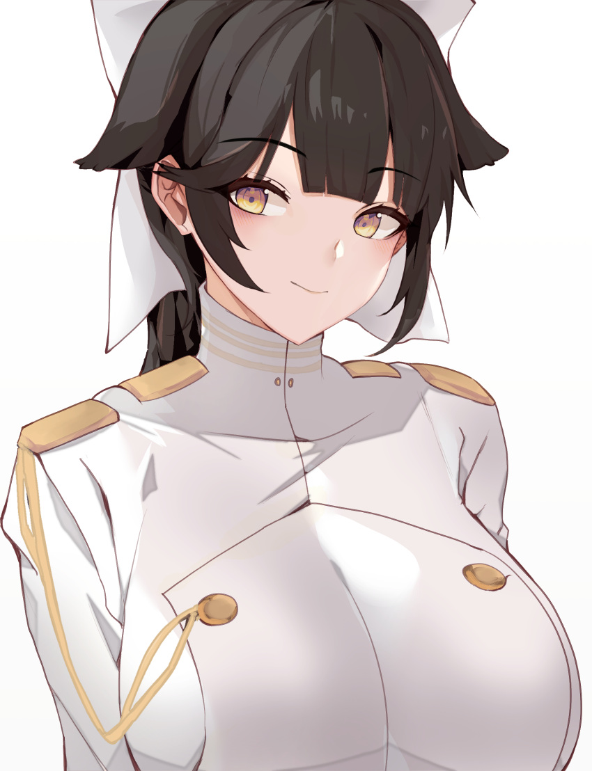 1girl animal_ears azur_lane bangs black_hair blunt_bangs bow breasts chiru_(218mg) closed_mouth dog_ears hair_ears hair_flaps highres large_breasts long_hair looking_at_viewer military military_uniform naval_uniform portrait sidelocks simple_background smile solo takao_(azur_lane) uniform white_background white_bow yellow_eyes